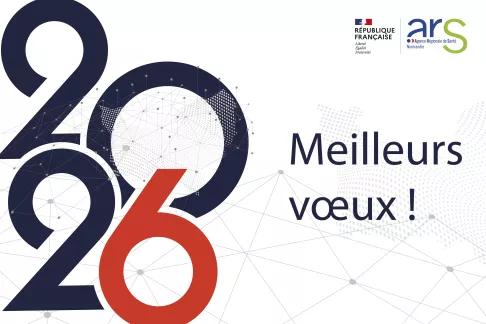 Meilleurs vœux pour 2026. Image sur fond blanc avec chiffres 2026 en bleu et rouge.