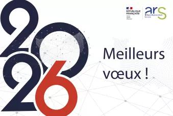 Meilleurs vœux pour 2026. Image sur fond blanc avec chiffres 2026 en bleu et rouge.