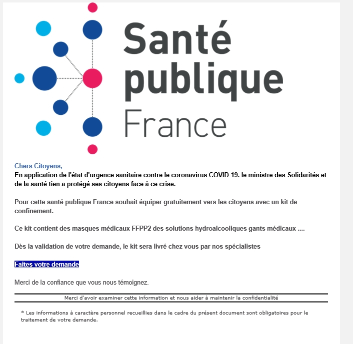 email frauduleux au nom de Santé Publique France