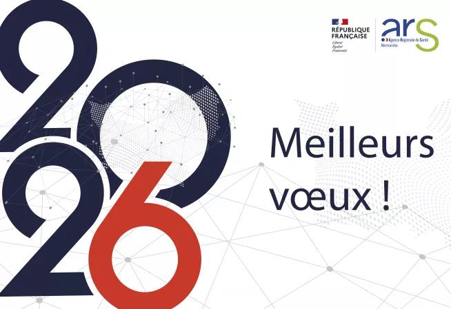 Meilleurs vœux pour 2026. Image sur fond blanc avec chiffres 2026 en bleu et rouge.